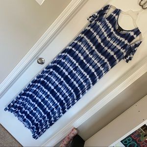 Blue and white tie dye cold shoulder maxi dress